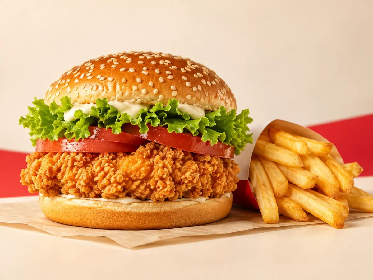 Crispy chicken burger meal with fries