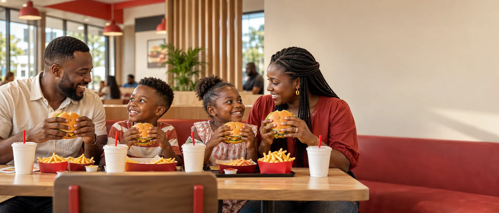 Ghanaian family enjoying freshly delivered burgers and fries